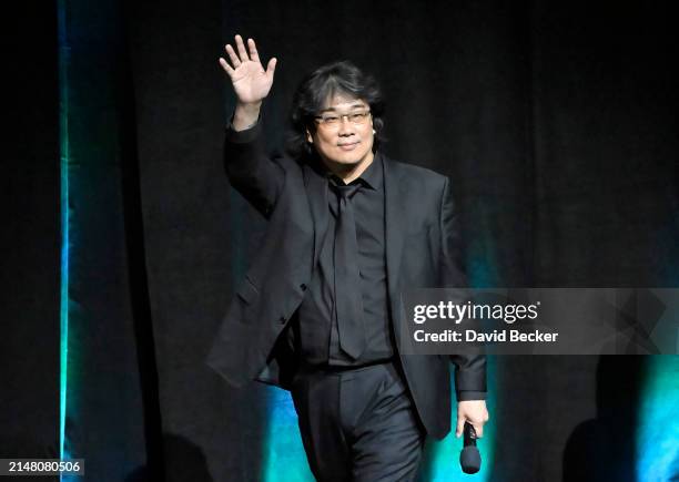 Bong Joon-ho speaks onstage during the Warner Bros. Pictures Presentation during CinemaCon 2024 at The Colosseum at Caesars Palace on April 09, 2024...