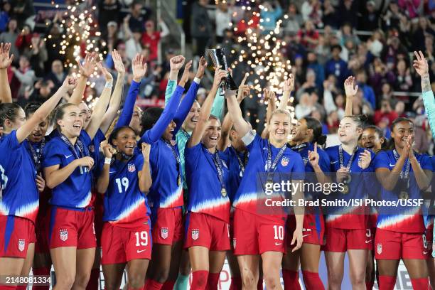 United States players celebrate winning the SheBelieves Cup against Canada in the 2024 SheBelieves Cup final match at Lower.com Field on April 09,...