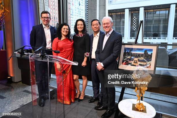 Janice Lee, Joseph Y. Bae and Steven R. Swartz attend the Lincoln Center Spring Gala 2024 at David Geffen Hall on April 09, 2024 in New York City.