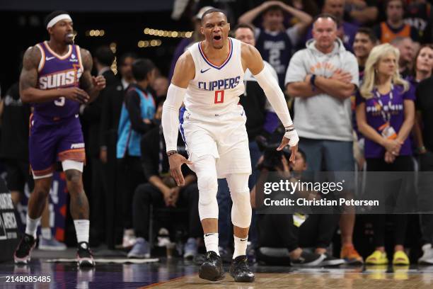 Russell Westbrook of the LA Clippers reacts after scoring against the Phoenix Suns during the first half of the NBA game at Footprint Center on April...