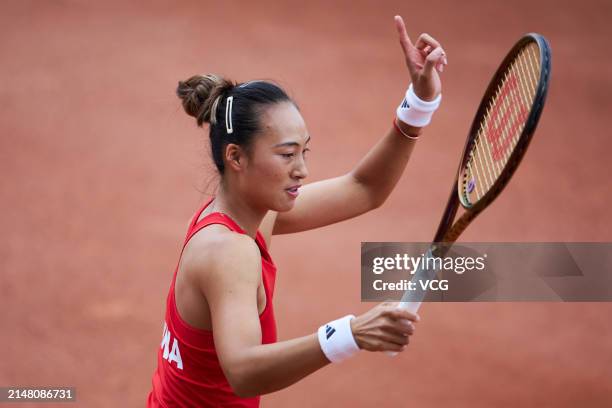 Zheng Qinwen of China reacts in the Women's Singles match against Yang Ya Yi of Chinese Taipei during the Billie Jean King Cup 2024 tennis tournament...