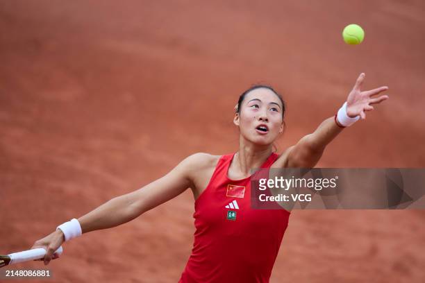 Zheng Qinwen of China reacts in the Women's Singles match against Yang Ya Yi of Chinese Taipei during the Billie Jean King Cup 2024 tennis tournament...