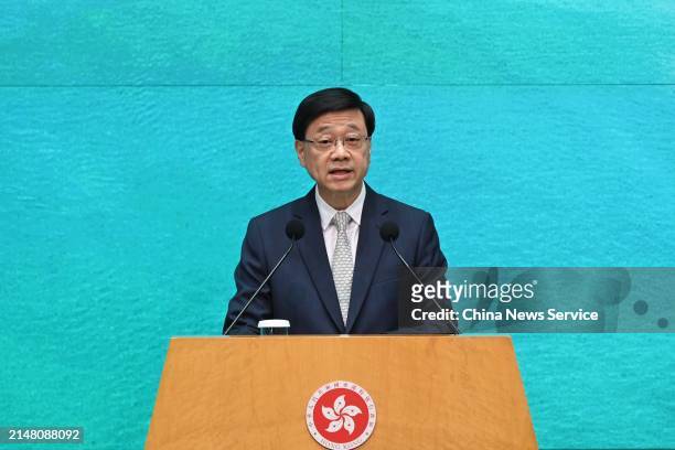 Hong Kong Chief Executive John Lee Ka-chiu speaks to the media ahead of an Executive Council meeting on April 9, 2024 in Hong Kong, China. Chief...