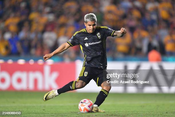 Jesús Hernández of Columbus Crew kicks a penalty and fails during the CONCACAF Champions Cup 2024 quarterfinals second leg between Tigres and...