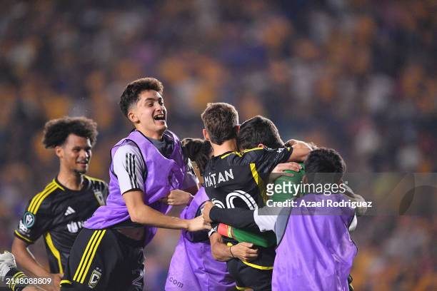 Players of Columbus Crew celebrate after winning the CONCACAF Champions Cup 2024 quarterfinals second leg between Tigres and Columbus Crew at...