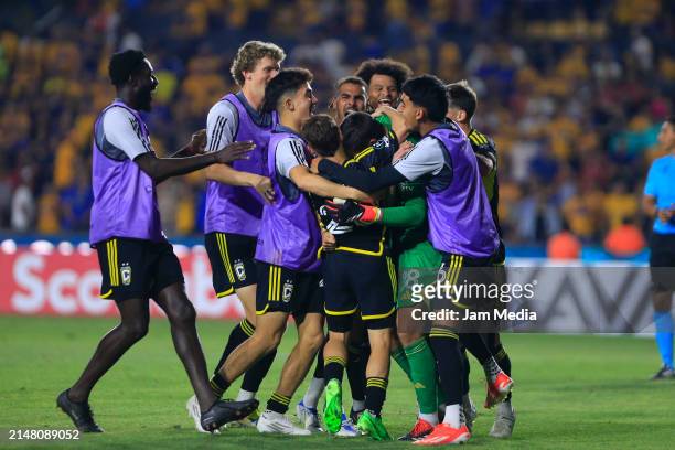 Players of Columbus Crew celebrate after winning CONCACAF Champions Cup 2024 Quarterfinals second leg between Tigres and Columbus Crew at...