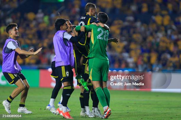 Players of Columbus Crew celebrate after winning CONCACAF Champions Cup 2024 Quarterfinals second leg between Tigres and Columbus Crew at...