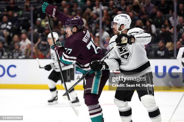 Matt Roy of the Los Angeles Kings hooks Frank Vatrano of the Anaheim Ducks during the second period of a game at Honda Center on April 09, 2024 in...