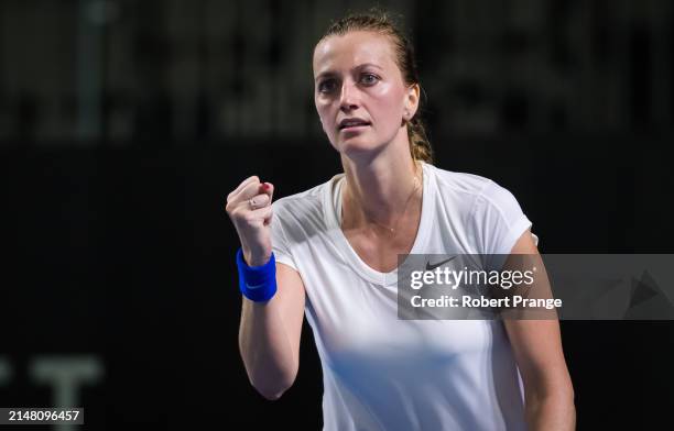 Petra Kvitova of the Czech Republic in action against Anastasia Pavlyuchenkova of Russia in the first round of the Brisbane International at...