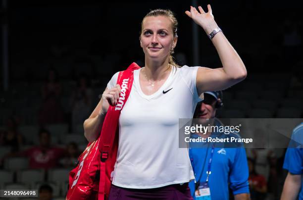 Petra Kvitova of the Czech Republic in action against Anastasia Pavlyuchenkova of Russia in the first round of the Brisbane International at...