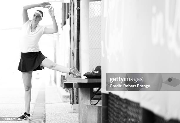 Petra Kvitova of the Czech Republic warms up before playing against Anastasia Pavlyuchenkova of Russia in the first round of the Brisbane...