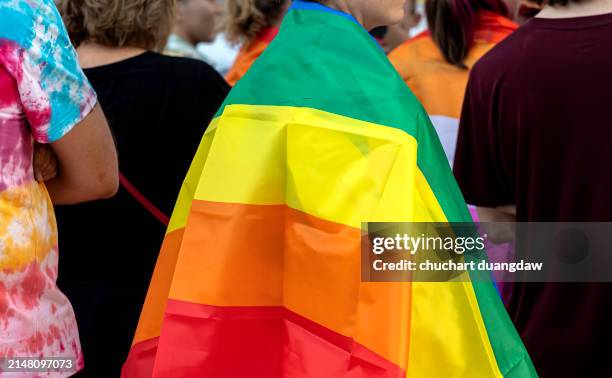 rainbow lgbtq+ flag and parade-people marching pride month - pride stock pictures, royalty-free photos & images