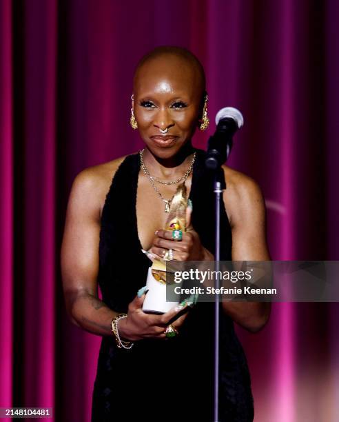 Cynthia Erivo speaks onstage during the Fashion Trust U.S. Awards 2024 on April 09, 2024 in Beverly Hills, California.