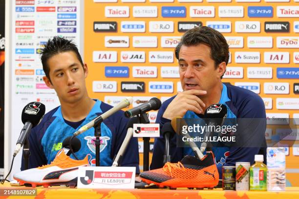 Head coach Massimo Ficcadenti of Sagan Tosu speaks at the post match press conference after the J.League J1 match between Shimizu S-Pulse and Sagan...