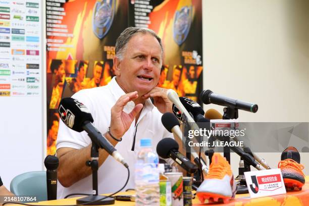 Head coach Jan Jonsson of Shimizu S-Pulse speaks at the post match press conference after the J.League J1 match between Shimizu S-Pulse and Sagan...