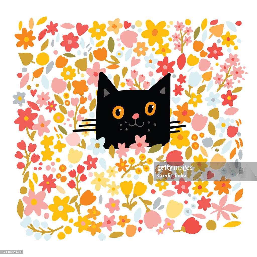 Lustige schwarze Katze in Blumen