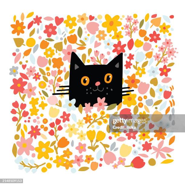 lustige schwarze katze in blumen - niedlich stock-grafiken, -clipart, -cartoons und -symbole