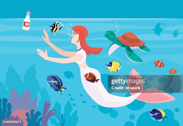 mermaid finding like button inside bottle which floating in the water - checking mail stock illustrations