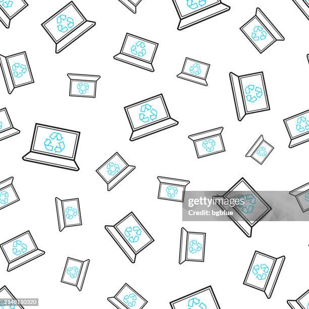 laptop with recycle symbol. seamless pattern. line icons on white background - computer recycling stock illustrations
