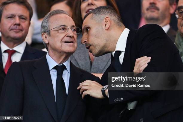Florentino Perez, President of Real Madrid, and Khaldoon Al Mubarak, Chairman of Manchester City, talks each other prior to the UEFA Champions League...