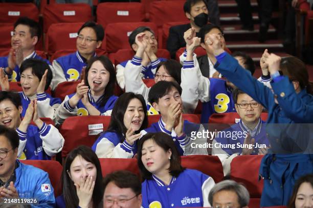 Candidates of Minjoo Union, affilated patry of South Korea's main opposition Democratic Party, watch TVs broadcasting the results of exit polls for...