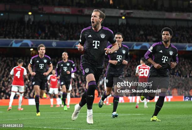 Harry Kane of Bayern Munich celebrates scoring his team's second goal from a penalty during the UEFA Champions League quarter-final first leg match...