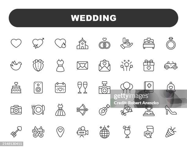 illustrations, cliparts, dessins animés et icônes de icônes de ligne de mariage. trait modifiable. contient des icônes telles que le mariage, le cœur, l’amour, la robe de mariée, la bague de fiançailles, la photographie, l’église, le cadeau de mariage, la danse, la musique, les fleurs. - bouquet-de-fleurs