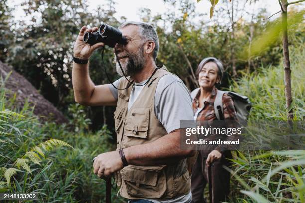 elderly man observing nature with binoculars - bird watching stock pictures, royalty-free photos & images