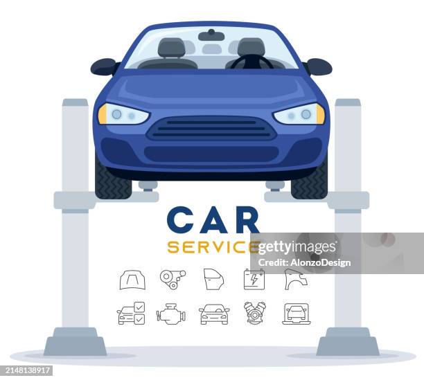 ilustrações de stock, clip art, desenhos animados e ícones de car lifting. vehicle repair. - elevador