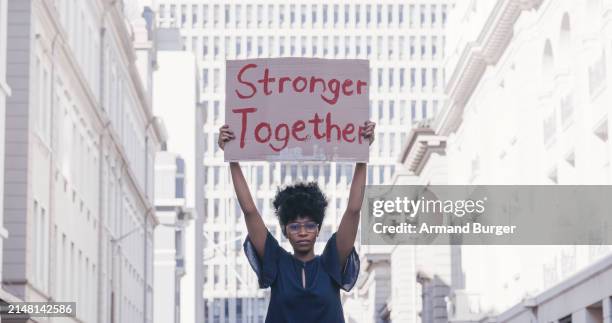 street, protest and cardboard of black woman sign for solidarity, gender equality and power in government, politics and law. revolution, justice and city student with poster portrait for human rights - social justice warrior stock pictures, royalty-free photos & images