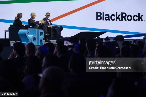 Italian journalist Monica Maggioni, Italian economist and former PM Mario Monti and Chief Investment Strategist of Blackrock Bruno Rovelli attend a...