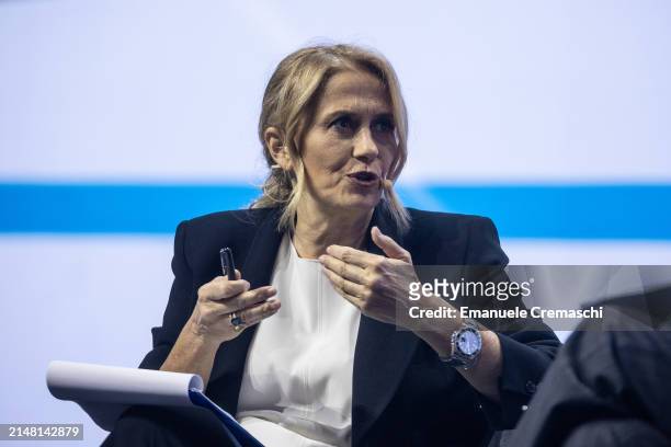 Italian journalist Monica Maggioni attends a panel during "Il Salone del Risparmio" at Allianz MiCo on April 10, 2024 in Milan, Italy. "Il Salone del...