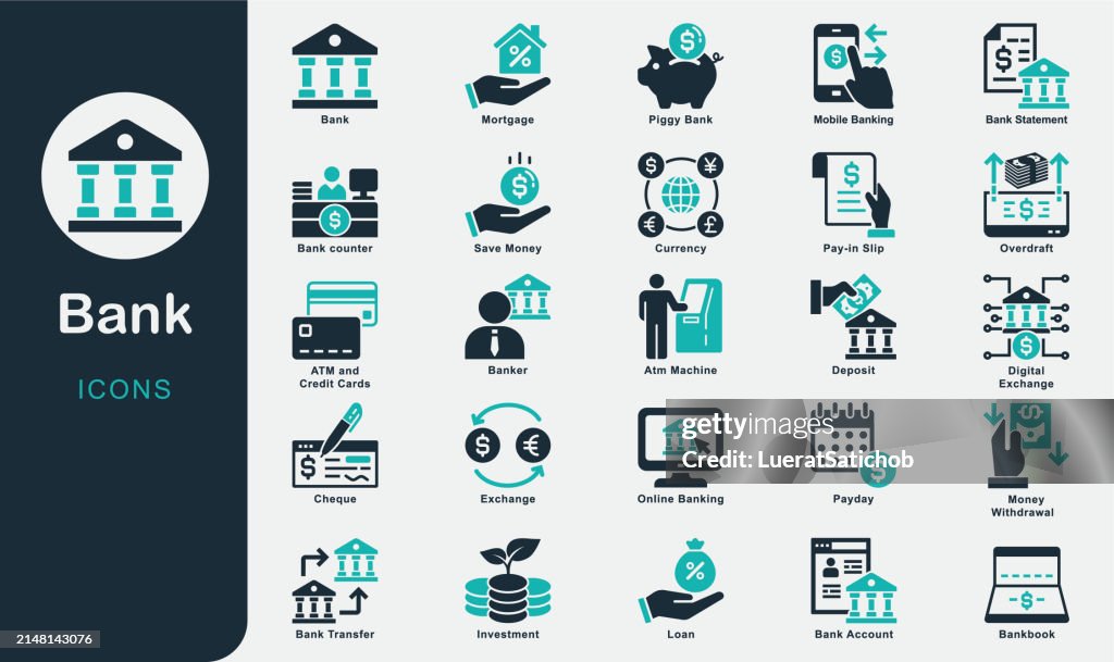 Bank solide Icons Sammlung. Abheben, Bankbuch, Online-Banking, Sparen, Darlehen, Geldautomat, Hypothek, Investition, Mobile Banking, Scheck, Kreditkarte, Zinsen, Zahlungsempfänger, Überziehungskredit, Kontoauszug, Banküberweisung