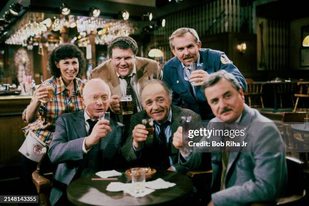 Cast members from Cheers television show Actress Rhea Pearlman, Actor George Wendt and Actor John Ratzenberger poses with cast members from...