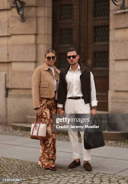 Aline Kaplan seen wearing Tibi brown sunglasses, gold earrings, Massimo Dutti beige / brown suede leather short jacket, Mango white cotton blouse,...