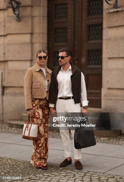 Aline Kaplan seen wearing Tibi brown sunglasses, gold earrings, Massimo Dutti beige / brown suede leather short jacket, Mango white cotton blouse,...