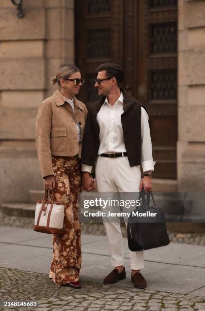 Aline Kaplan seen wearing Tibi brown sunglasses, gold earrings, Massimo Dutti beige / brown suede leather short jacket, Mango white cotton blouse,...