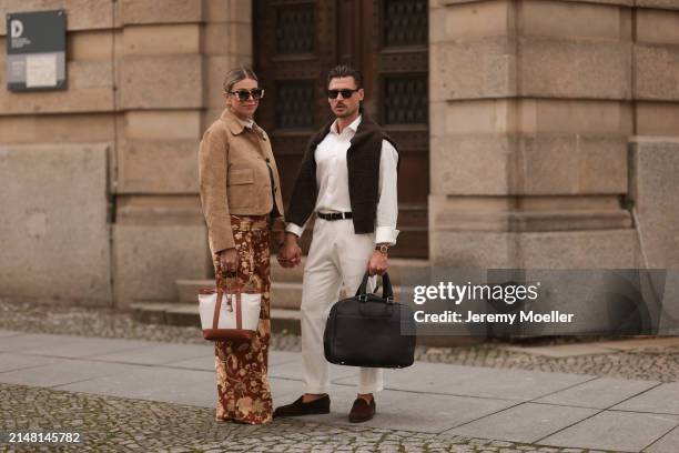 Aline Kaplan seen wearing Tibi brown sunglasses, gold earrings, Massimo Dutti beige / brown suede leather short jacket, Mango white cotton blouse,...