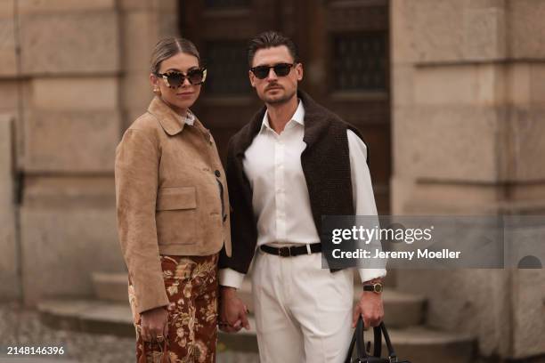 Aline Kaplan seen wearing Tibi brown sunglasses, gold earrings, Massimo Dutti beige / brown suede leather short jacket, Mango white cotton blouse,...