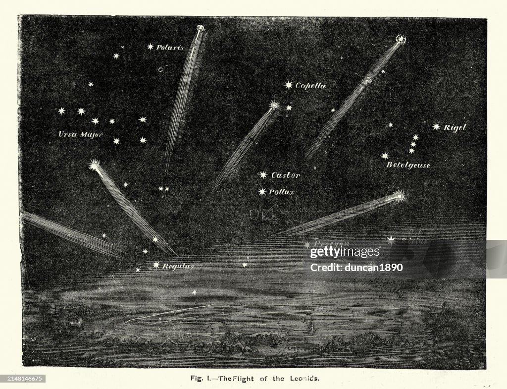 Leoniden-Meteorschauer, Sternschnuppe, Vintage-Astronomiekarte, 1883, 19. Jahrhundert