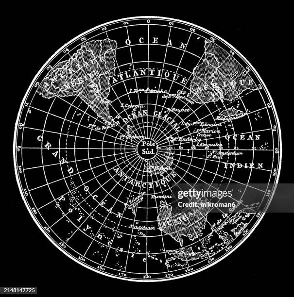 old engraved map of south polar regions - africa border stock pictures, royalty-free photos & images