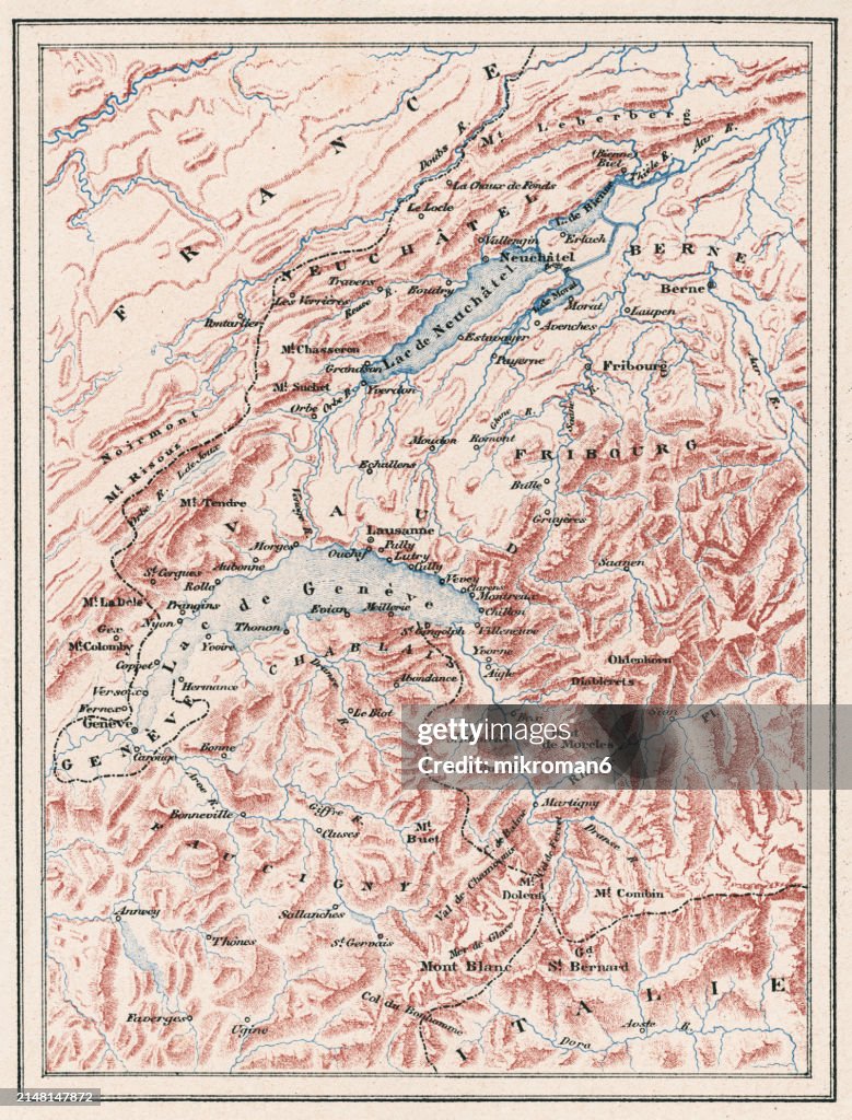 Old engraved map of Mont Blanc ("white mountain") the highest mountain in the Alps and Western Europe and Lake Geneva, a deep lake on the north side of the Alps, shared between Switzerland and France