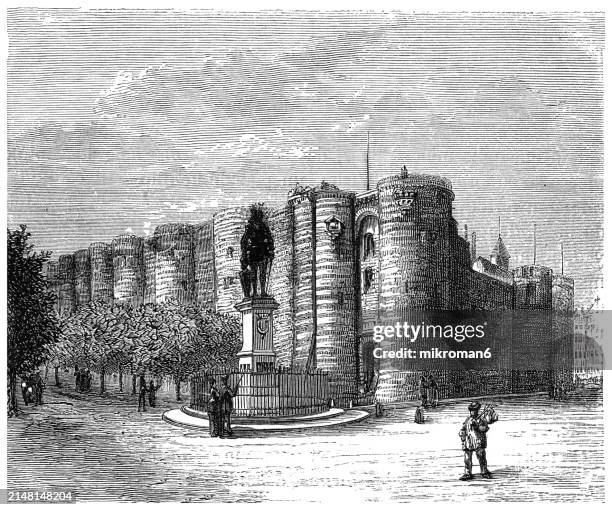 old engraved illustration ofthe château d'angers, a castle in the city of angers in the loire valley, in the département of maine-et-loire, in france - maine et loire stock pictures, royalty-free photos & images