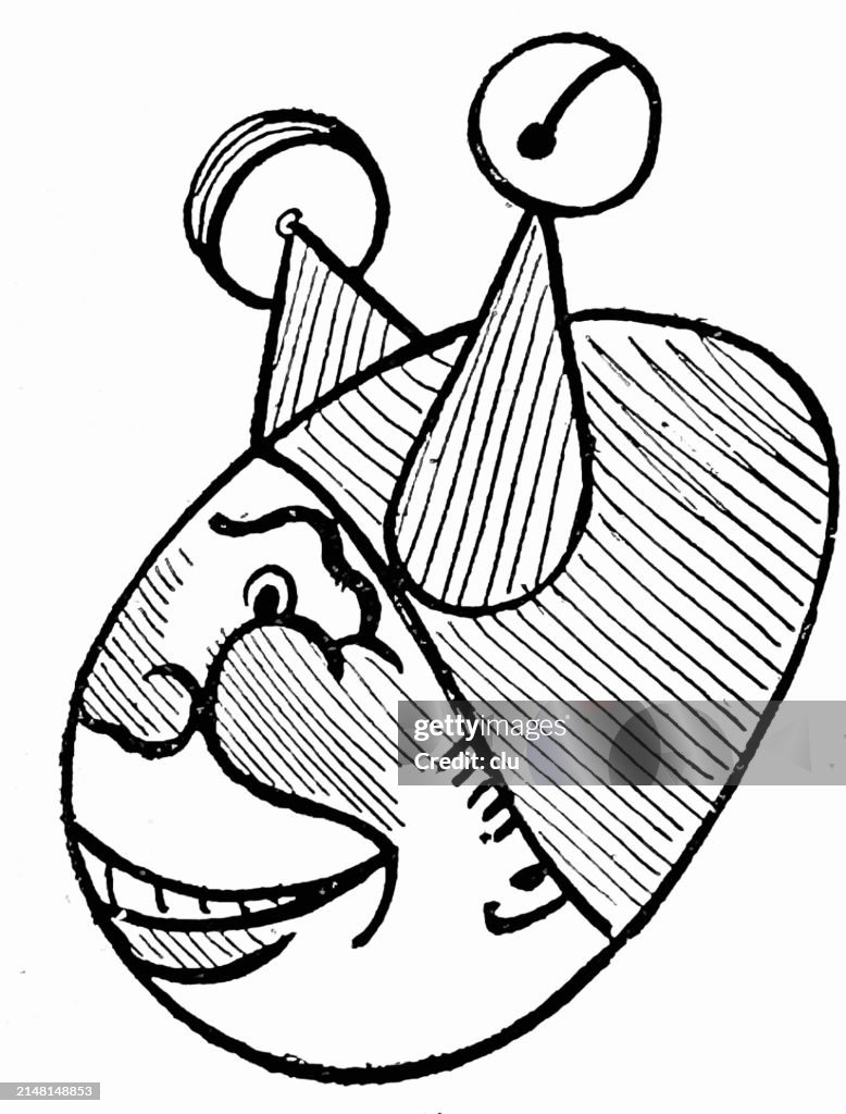 Eggheads, antic, side view, laughing with dunce cap and clamps