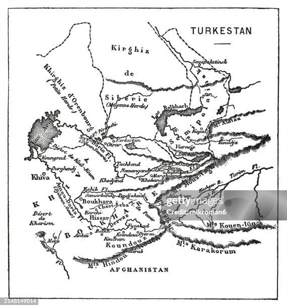 old engraved map of turkestan or turkistan, a historical region in central asia corresponding to the regions of transoxiana and xinjiang - ireland border stock pictures, royalty-free photos & images