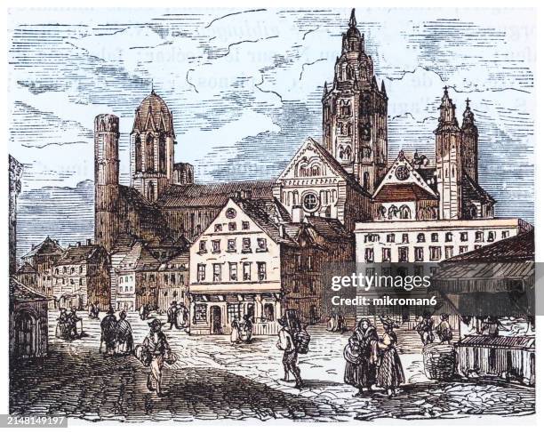old engraved illustration of mainz, capital and largest city of rhineland-palatinate, germany (1633) - ireland border stock pictures, royalty-free photos & images