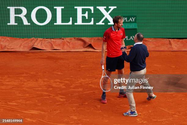 Daniil Medvedev reacts towards Umpire Mohamed Lahyani during the Men's Singles Second Round match against Gael Monfils of France on day four of the...