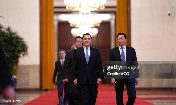 Ma Ying-jeou , former chairman of the Chinese Kuomintang party, arrives at the Great Hall of the People on April 10, 2024 in Beijing, China. Ma...