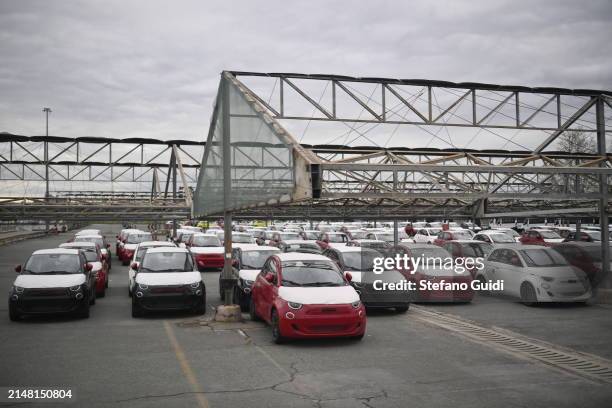 General view of some 500 cars parking inside the new Hybrid and PHEV Vehicles Stellantis Group eDCT Assembly Plant on April 10, 2024 in Turin, Italy....