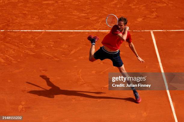 Daniil Medvedev plays a forehand against Gael Monfils of France during the Men's Singles Second Round match on day four of the Rolex Monte-Carlo...